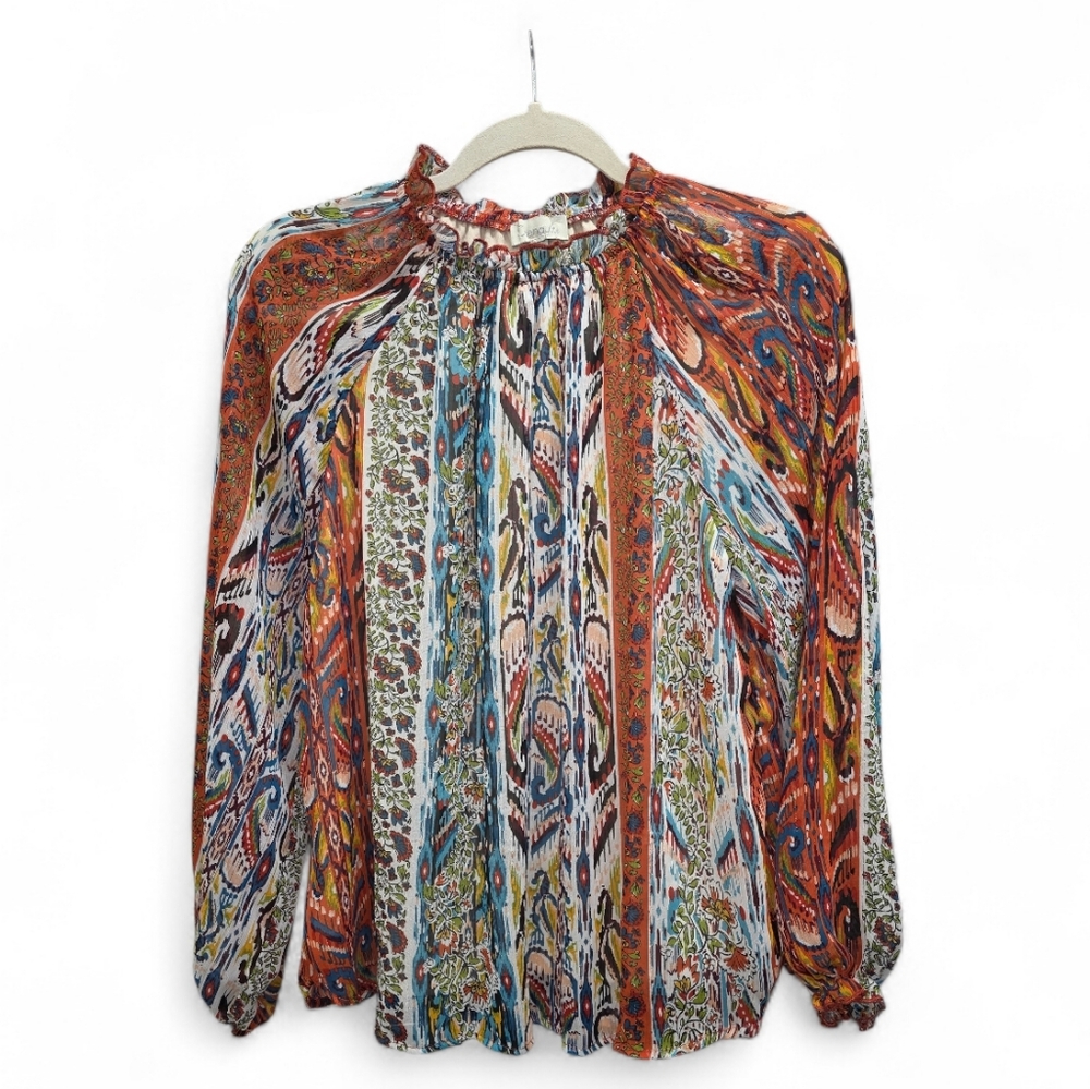 Chenaults M Boho Peasant Vibrant Paisley Geometric Mixed Print  Ruffled Neck Top